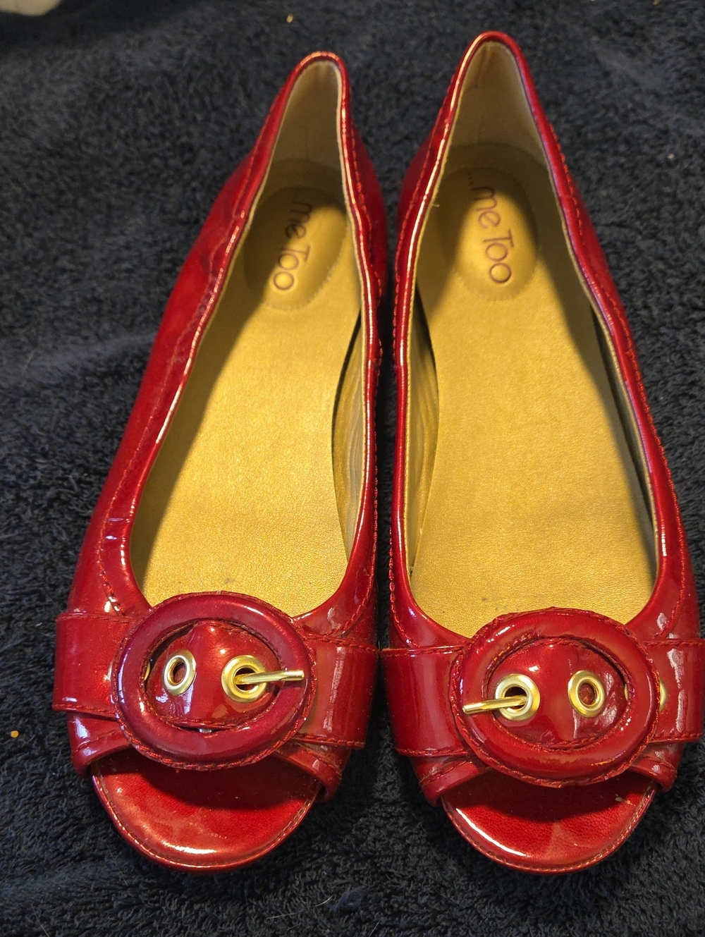 Me Too Red Patent Peep-Toe Flats with Gold Buckle - Size 10